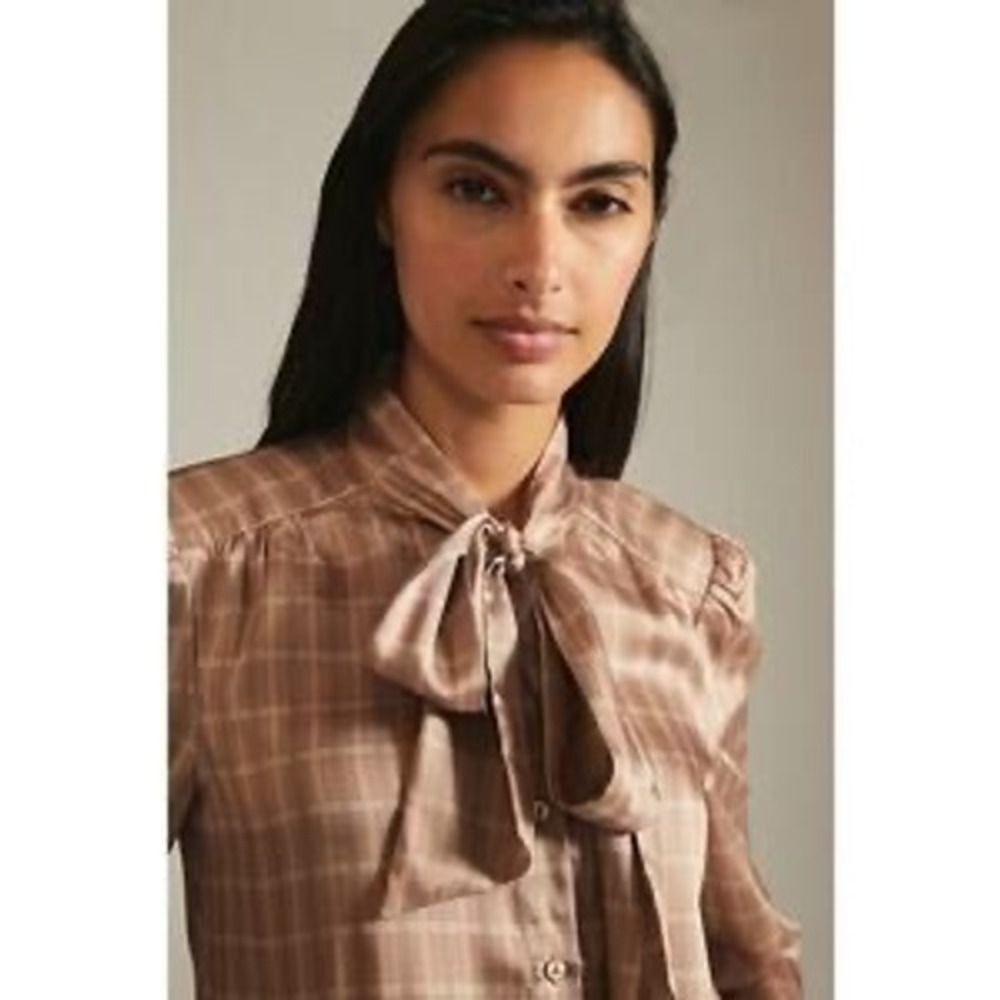 Mare Mare x Anthropologie‎ Plaid Bow Neck Blouse Tan Large
